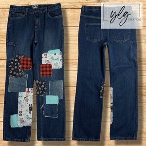Cat Jack Relaxed Jeans Kitty Boho Patched Aqua Red Black Buffalo Plaid Girls 14